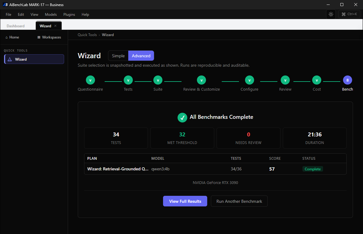 A completed benchmark session with summary scores