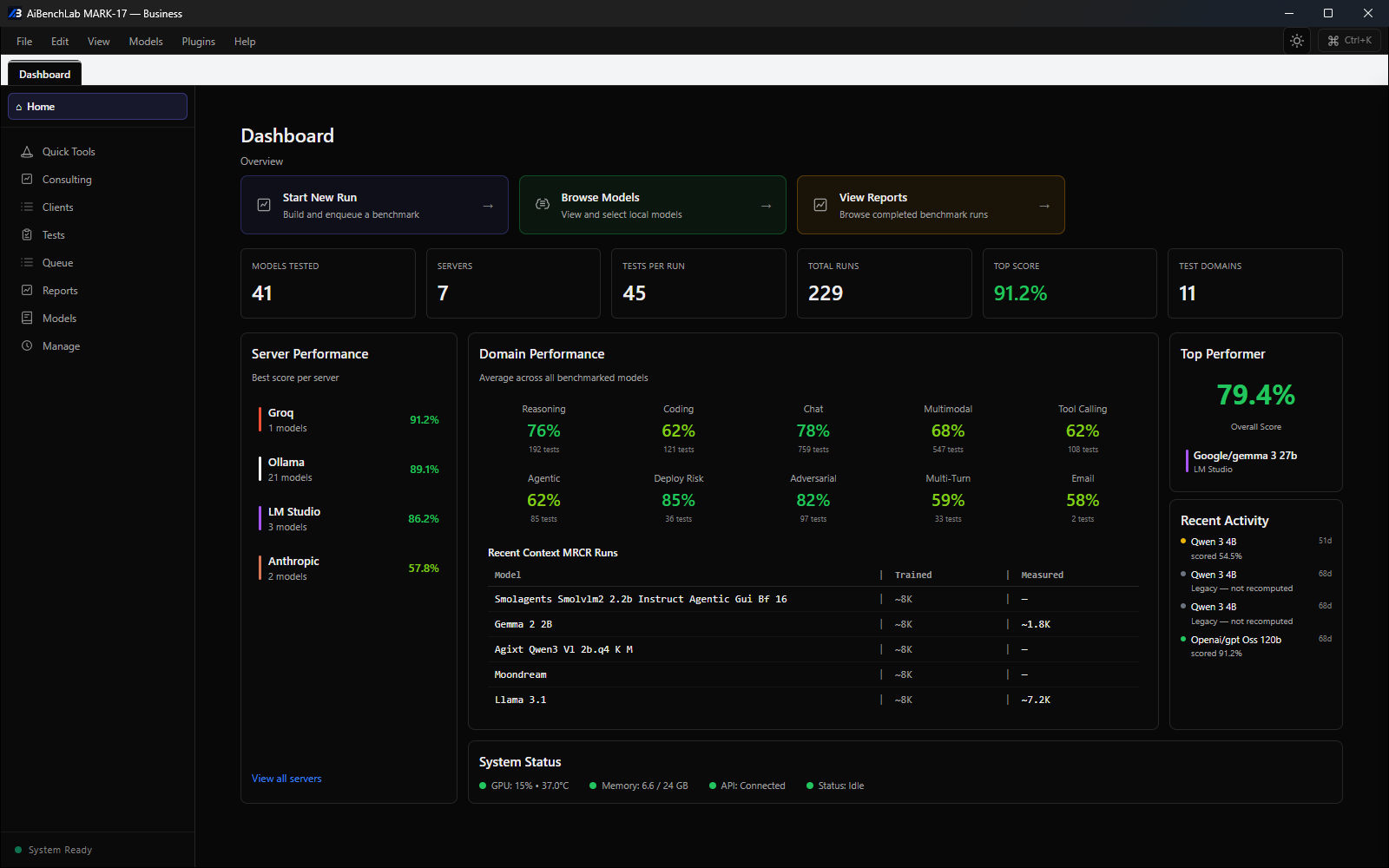MARK-17 dashboard showing completed benchmark runs and model comparison scores