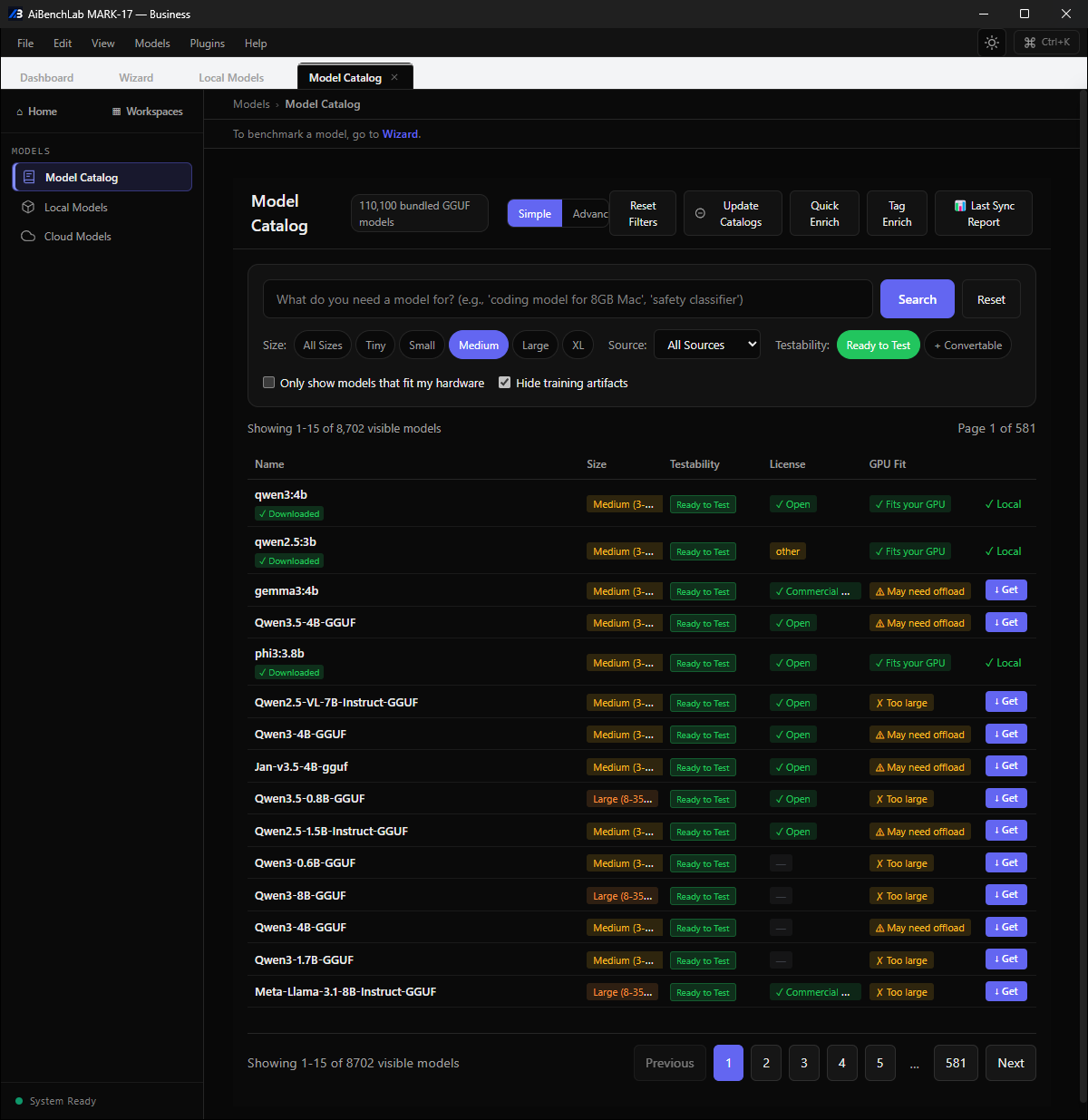 The MARK-17 model catalog with filtering