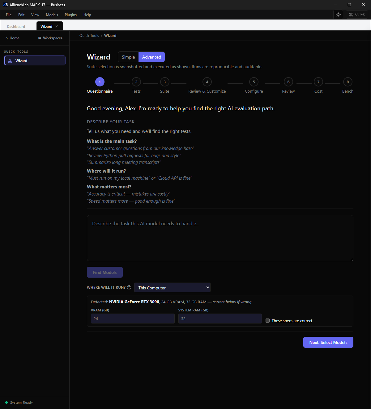 The MARK-17 wizard in advanced mode with full step-by-step control