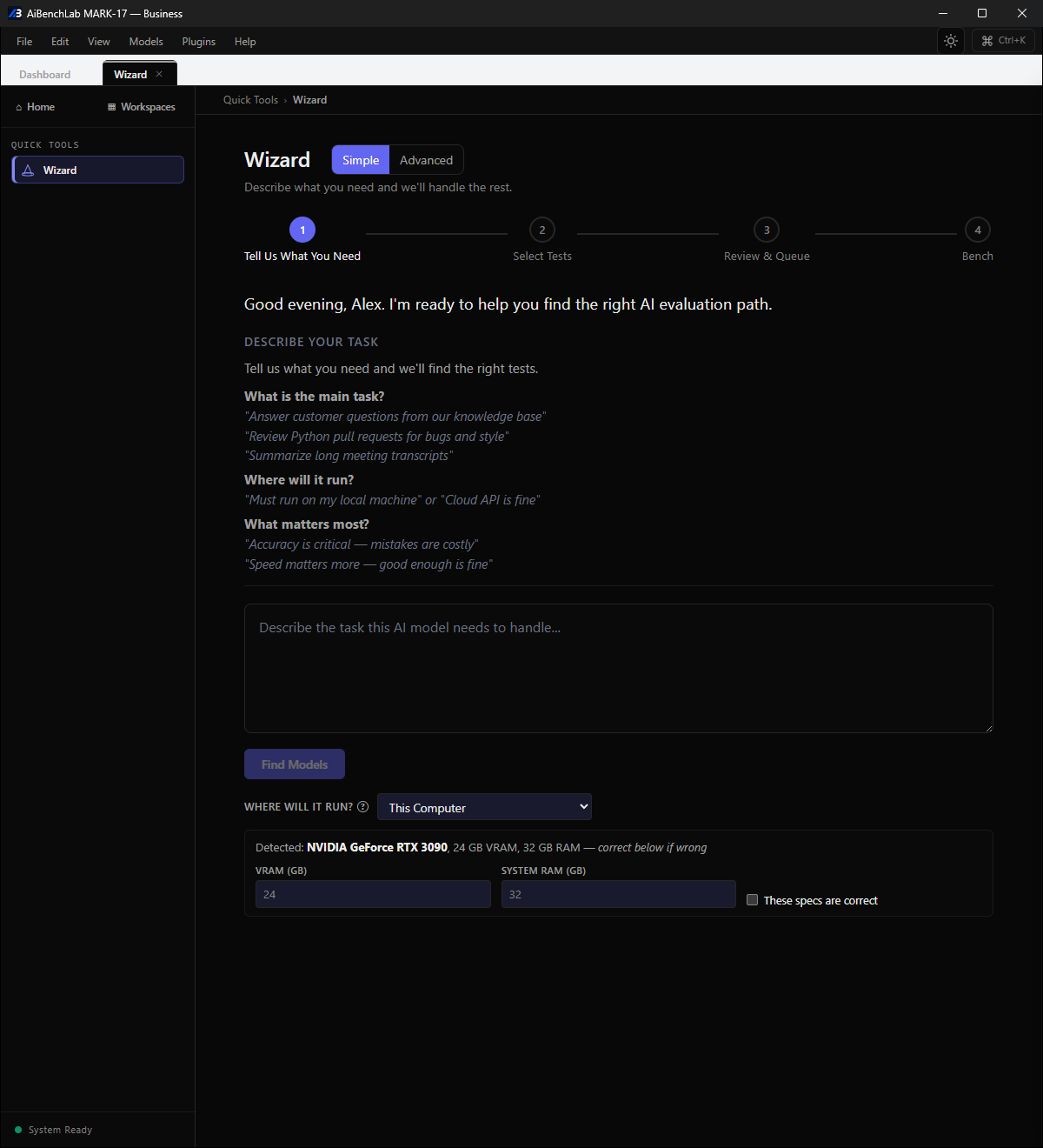 The MARK-17 wizard in simple mode, describing a task in plain English